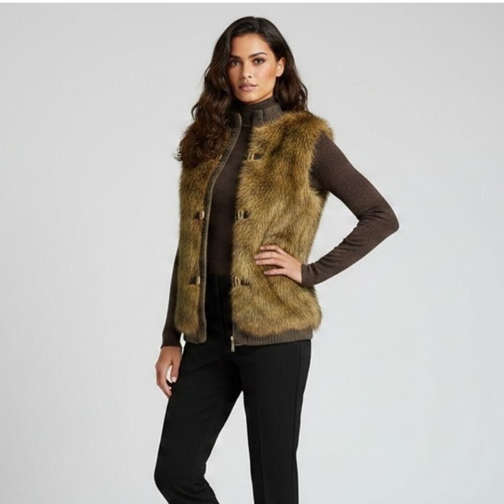 CALVIN KLEIN Faux Fur Sweater Vest Brown Quiet Luxury Winter Cabin Size XS/S